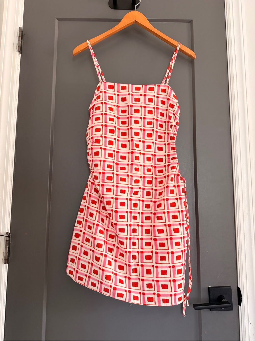 Zara Red and Pink Square Print Spaghetti Strap Dress